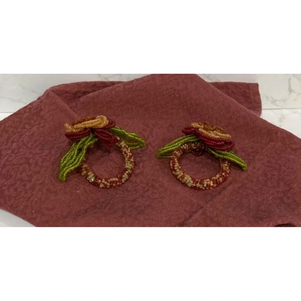 Vintage Beaded Floral Napkin Rings Fall Autumn Bombay Set of 2